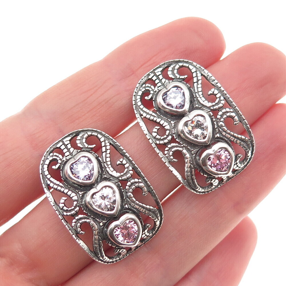 925 Sterling Silver Vintage Multi-Color C Z Heart Swirl Oxidized Earrings